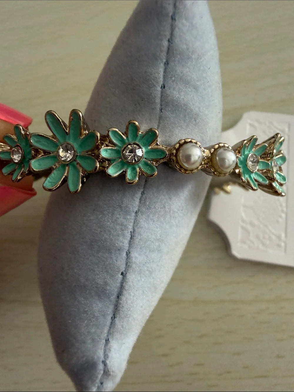 Floral Green Enamel and Pearl Bracelet - Women Jewelry